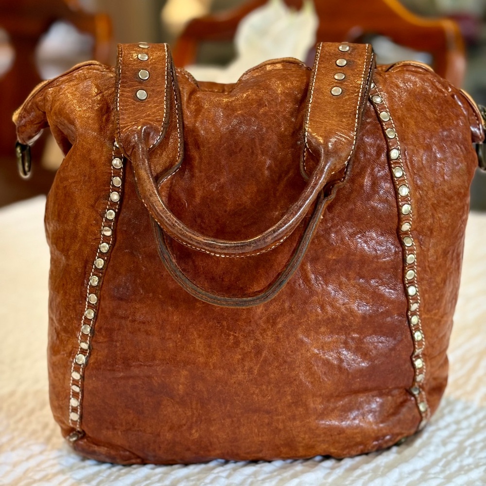 Classic Stud-Accent Hobo Bag in Distressed Brown